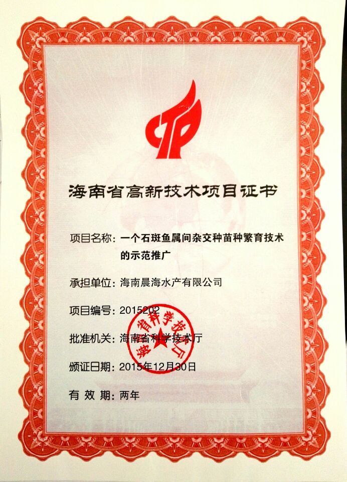 海南省高新技术项目证书